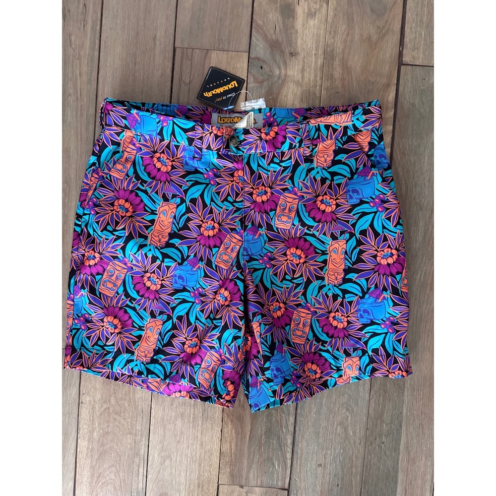 Loudmouth Golf Creepy Tiki Heritage Shorts Mens 34 Tropical Floral Skulls Blue